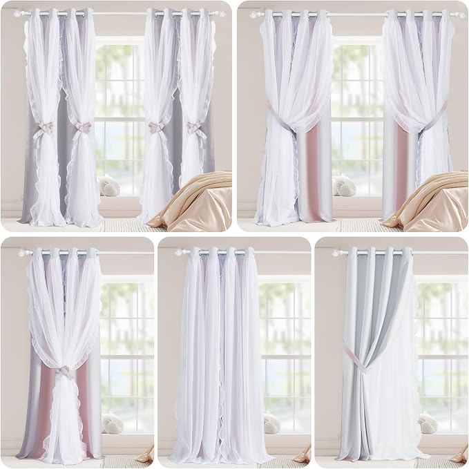 PONY DANCE Gradient Blackout Curtains for Living Room Decor Window Treatment Double Layer Drapes Ruffle Sheer Overlay Farmhouse Rustic Design, W 52 x L 84 Inches, Grey-Pink, 2 Panels