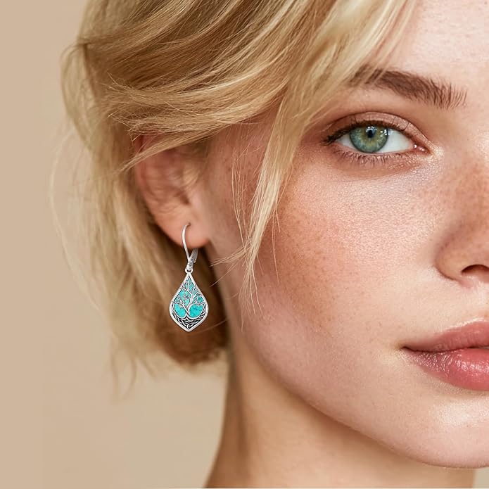 Eusense Sterling Silver Dangle Earrings for Women Tree of Life Animals Moonstone Turquoise Leverback Earrings Jewelry Gifts
