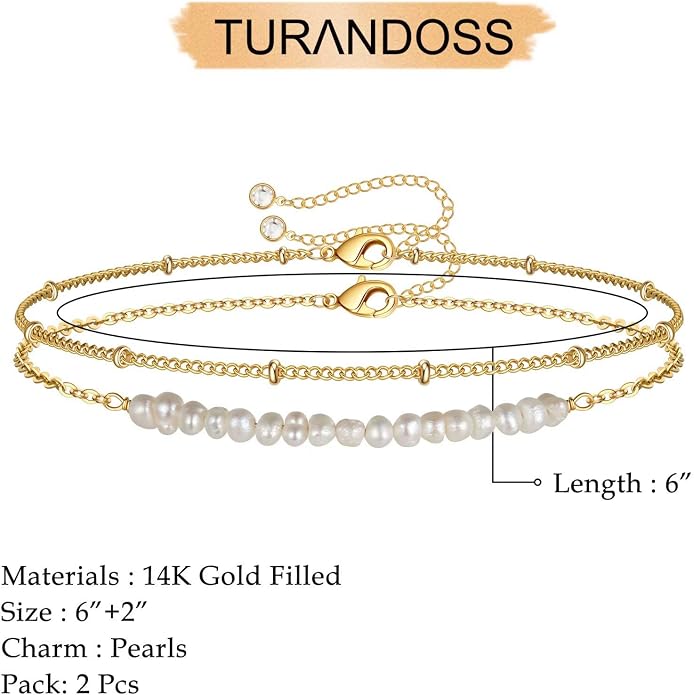 Dainty Gold Bracelets for Women, 14K Gold Plated Adjustable Layered Beads Bracelet Cute Evil Eye Oval Chain Pearl Bar Turtle Gold Bracelets for Women Jewelry