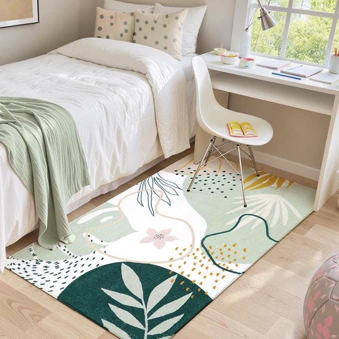 Lahome Green Botanical Print Small Throw Rugs Modern Abstract Non-Slip 3x5 Minimalist Art Area Rug Accent Distressed WashableFloor Carpet for Living Room Bedroom Entryway