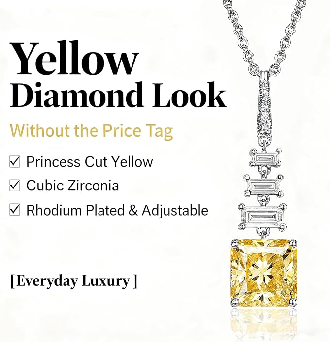 Miss mimi CZ Pendant Necklace, Golden Yellow Princess Cut or Crescent Moon, 18K Gold Plated, Adjustable 16” or 18 + 2”in Chain, Celestial & November Birthstone Citrine Style