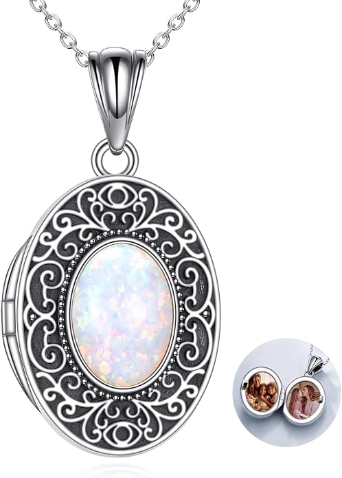 CRMAD Opal/Moonstone/Turquoise Locket Necklace for Women Sterling Silver Oval-Shaped Opal Locket Pendant Holds Pictures Always with You Vintage Style Photos Locket Jewelry Gifts for Loved One