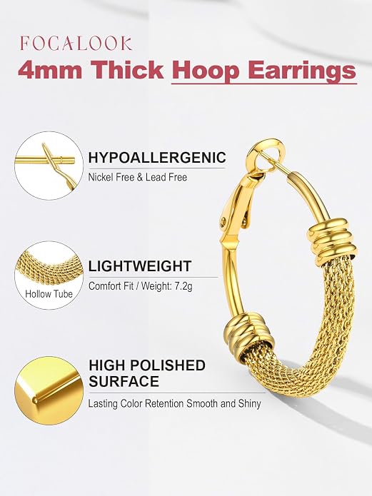 FOCALOOK 14K Gold Plated Hoop Earrings, Lightweight Hypoallergenic Large Stainless Steel Black Hoops Earrings for Women 20/30/40/50/60/70/80mm