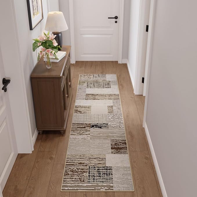 FlyDOIT Modern Geometric Patchwork Area Rug, 2x6 Beige Runner Rugs for Living Room, Rockwood Collection Indoor Rugs for Bedroom, Throw Carpet Floor Decor for Entryway Dining Room Office Nursery