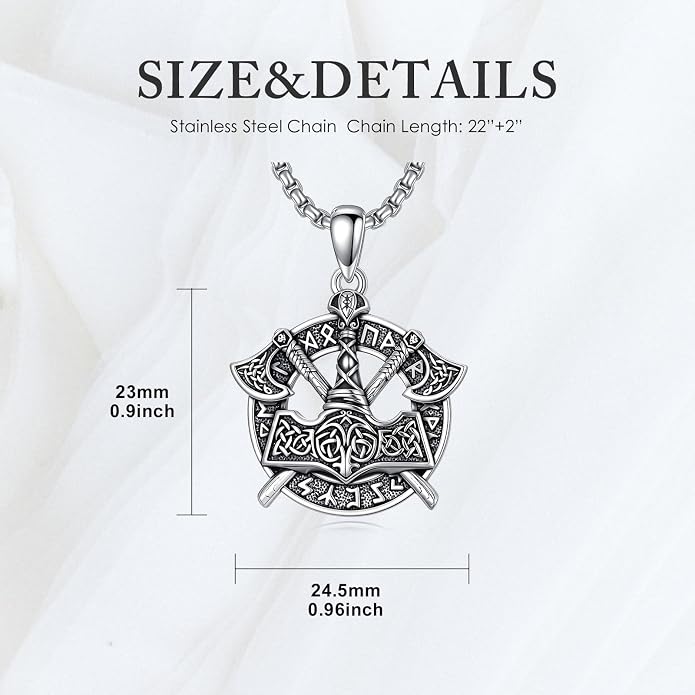 PROESS Viking Axe/Sword/Skull Necklace S925 Sterling Silver Thors Hammer Necklace Amulet Dagger Pendant Norse Viking Rune Jewelry Gifts for Men Women