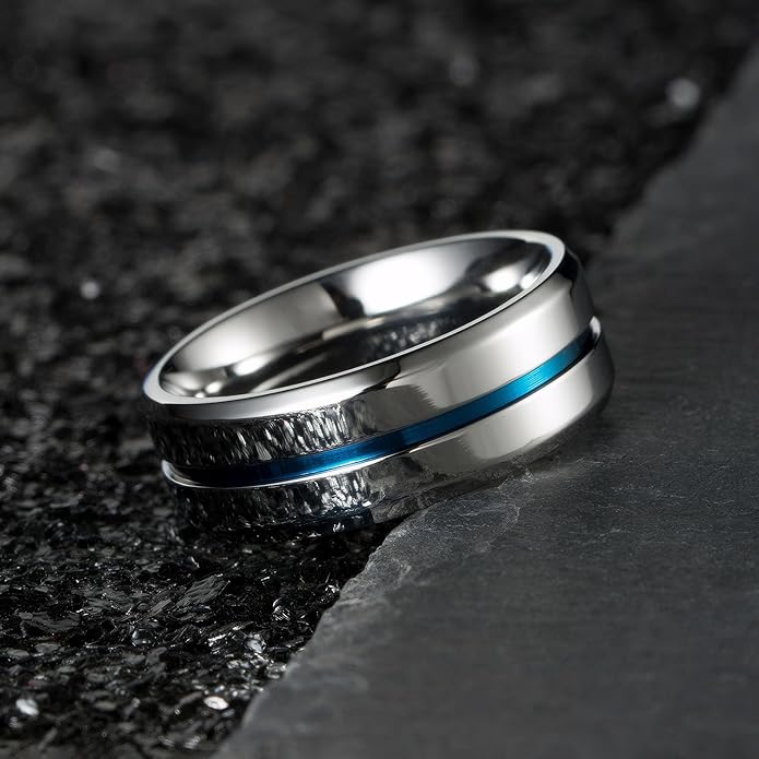 MMTTAO Men's Titanium Ring Wedding Bands for Men Women 6MM 8MM 10MM Black/Blue/Silver Engagement Band Wedding Rings Beveled Edge Brushed Matte Finished & Polished Grooved Center Comfort Fit Size 6-13
