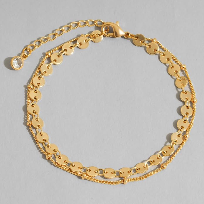 Dremmy Studios Gold Bracelet for Women 18K Gold Plated Dainty Paperclip Cubic Zirconia Disc Coin Star Cable Satellite Bead Pearl Simple Boho Minimalist Stacking Layered Link Jewelry Gift