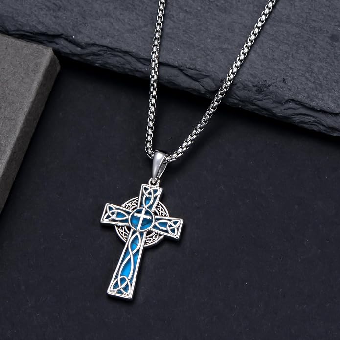 HPQQ Cross Necklace 925 Sterling Silver Turquoise Tree of Life Celtic Knot Cross Pendant Jewelry Mother's Day Gifts for Women