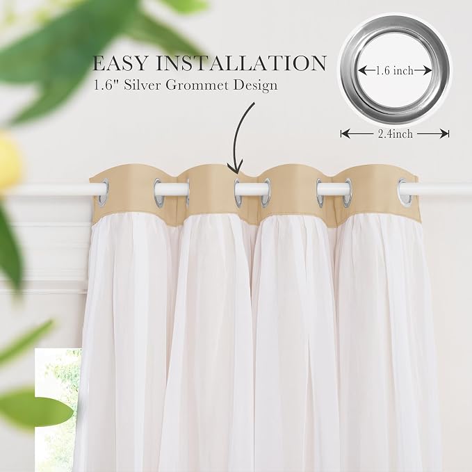 PONY DANCE Sheer Curtains Blackout - Light Blocking Window Treatments Panels for Bedroom, Cortinas para Sala Modernas, 52 by 63 inches, Biscotti Beige, Set of 2