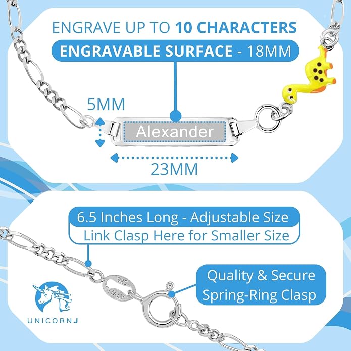 UNICORNJ 925 Italy Sterling Silver Child or Baby Name Bracelet Girls Boys, Personalized Engraved Kids ID Bracelets, 6.5" Figaro Chain, Enamel Charm Newborn Infant Toddler Kid Jewelry