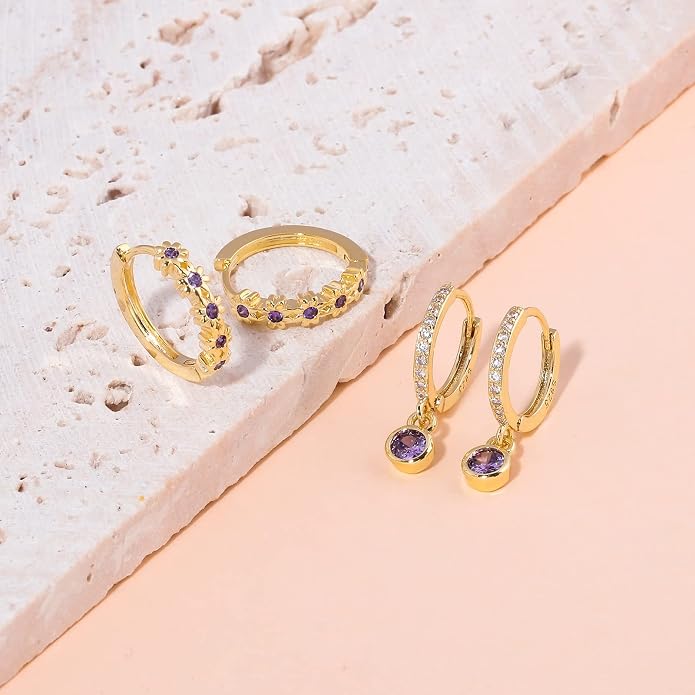CiNily Small Hoop Earrings for Women Girls Flower Cubic Zirconia Huggie Earrings Hypoallergenic 14K Yellow Gold Plated Cartilage Earrings