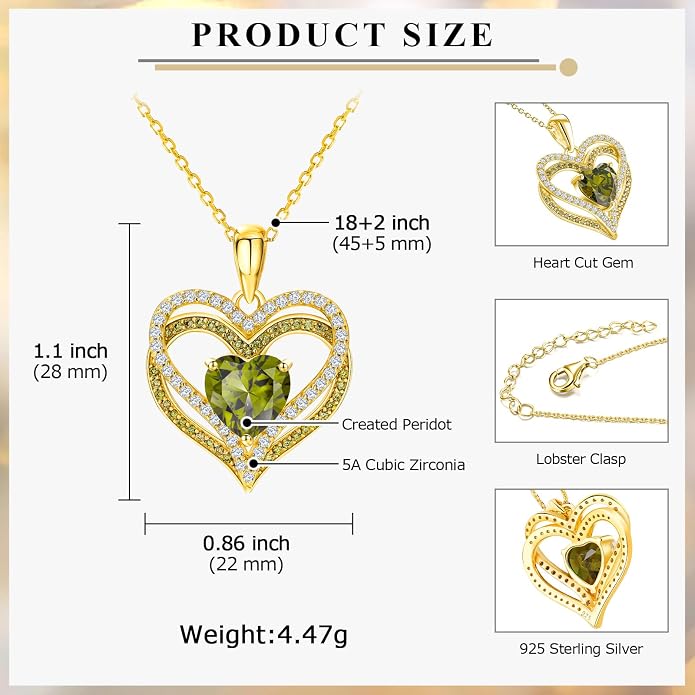 Anniversary Charm Necklace, Sterling Silver 14K Gold Plated Chain with Interlocking Heart Pendant Elegant Birthstone Necklaces for Women, Length 18"