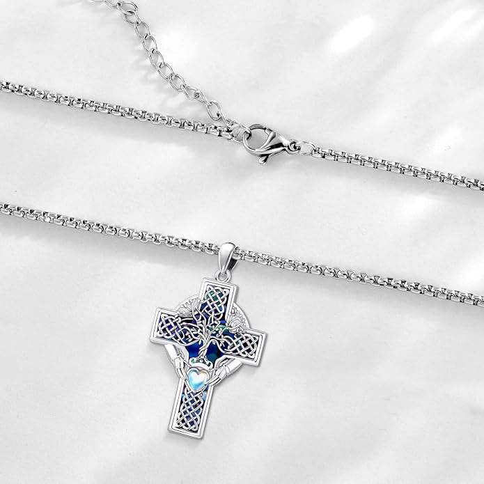 Celtic Cross Tree of Life Necklace for Women Sterling Silver Thor Hammer Tree of Life Pendant Irish Knot Cross Amulet Tree of Life Jewelry