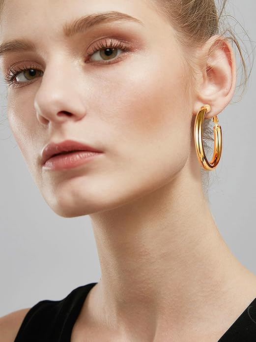Stainless Steel Chunky Hoop Earrings For Women, Minimalist and Chic, Black/Gold Plated, Round Hoops Earrings Hypoallergenic, Size: 30mm/40mm/60mm/80mm, Come with Box