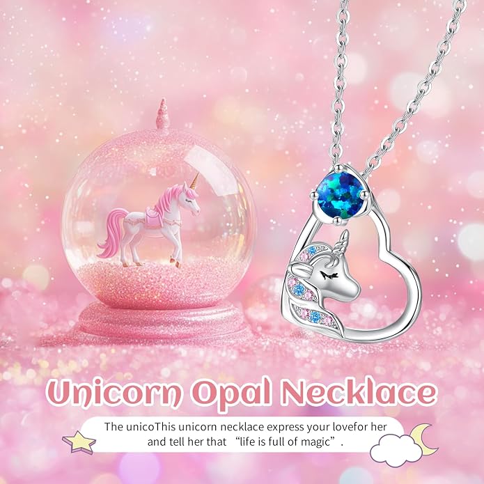 CDE Christmas Gift for women Cute Unicorn Birthstone Necklace for Girls Daughter 925 Sterling Silver Opal Heart Pendant Graduation Birthday Christmas Jewelry Gift for Teenage Girls Niece