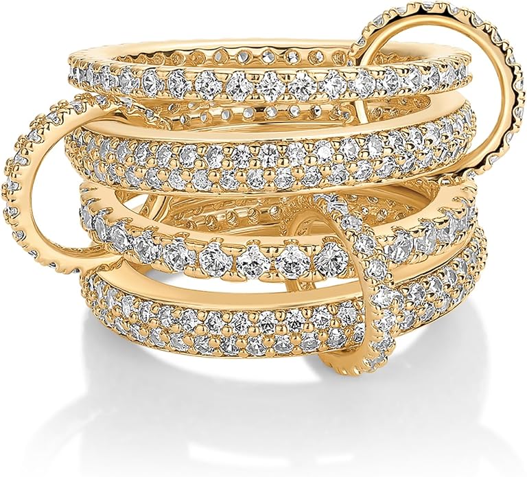 PAVOI 14K Gold Plated Interlocking Ring for Women - Chunky Connected Bands Interlock Stackable Rings for Women - Trendy Cubic Zirconia Two Tone Interlocked Multi-Band Statement Jewelry