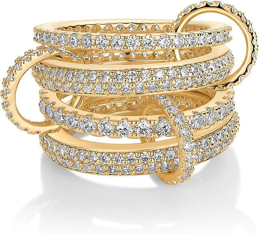 PAVOI 14K Gold Plated Interlocking Ring for Women - Chunky Connected Bands Interlock Stackable Rings for Women - Trendy Cubic Zirconia Two Tone Interlocked Multi-Band Statement Jewelry