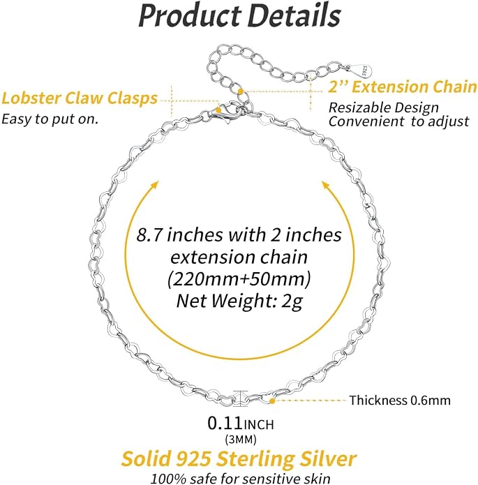 ChicSilver 925 Sterling Silver Ankle Bracelet for Women, Simple Cuban Link/Figaro/Twist Rope Chain Anklets for Beach Party(with Gift Box)