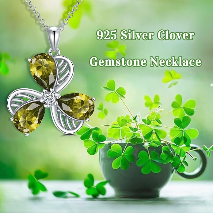 925 Sterling Silver Birthstone Clover Necklace Women’s Shamrock Dainty Flower Pendant Choker Necklace Cute Peridot Gemstone Flower Birthday Christmas Jewelry for Mom Wife