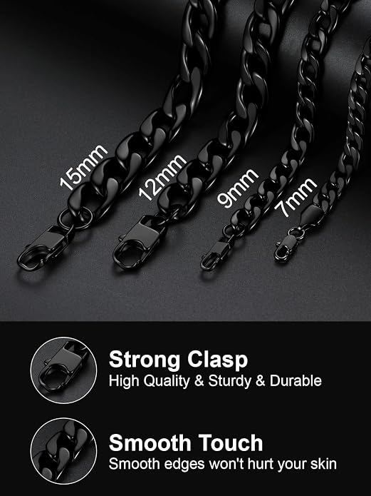 U7 Cuban Link Chain for Men Women Stainless Steel Curb Necklace, 7/9/12/15 MM Chunky Chain Silver/Gold/Black Mens Hip Hop Jewelry 18''-30''