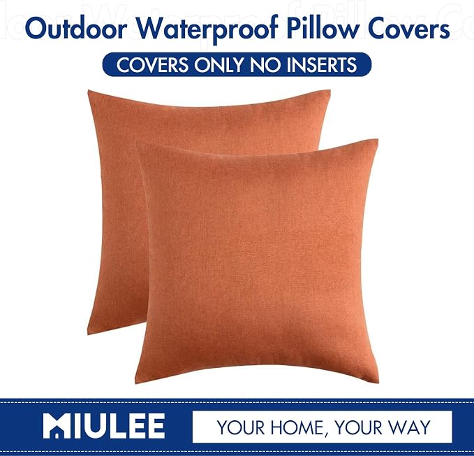 MIULEE Pack of 2 Decorative Outdoor Solid Waterproof Throw Pillow Covers Faux Linen Garden Farmhouse Cushion Cases for Summer Patio Tent Balcony Couch Sofa 20x20 Inch Orange