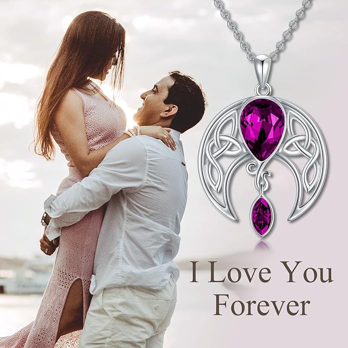 AOBOCO Sterling Silver Celtic Crescent Moon Goddess Pendant Irish Good Luck Necklace with Birthstone Crystal, Celtic Moon Jewelry Gift for Women Mom Wife