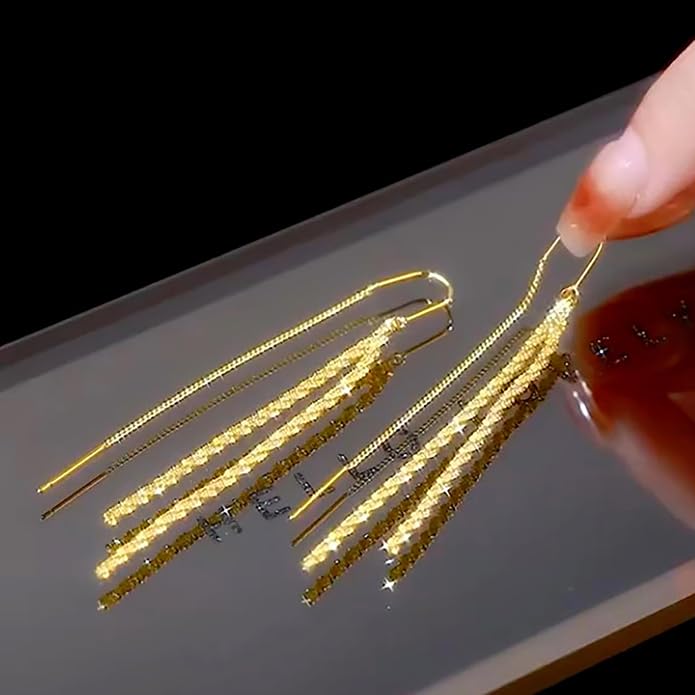 925 Sterling Silver Tassel Chain Dangle Earrings for Women Sparkling Long Fringe Dangle Drop Earrings Bling Line Minimalist Wedding Studs Earring Jewelry Birthday Christmas Gifts for Her