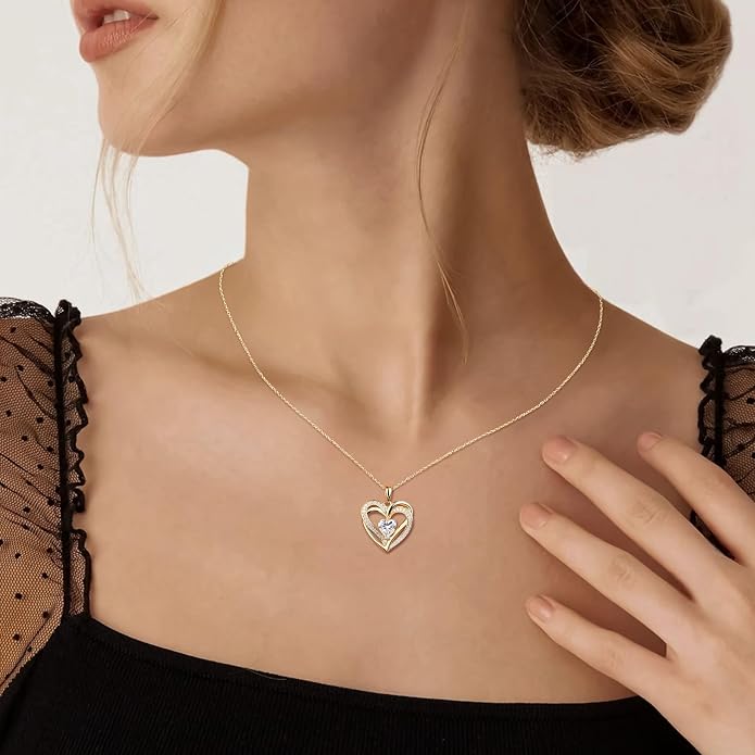 Anniversary Charm Necklace, Sterling Silver 14K Gold Plated Chain with Interlocking Heart Pendant Elegant Birthstone Necklaces for Women, Length 18"