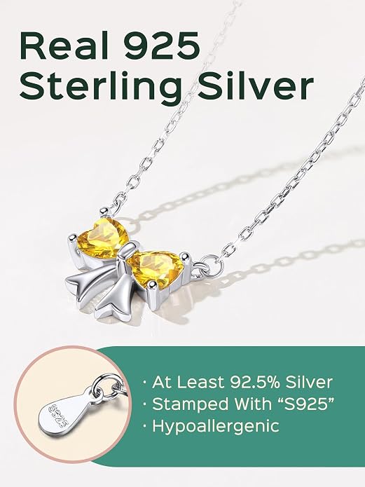 ChicSilver Bow and Cat Birthstone Necklace, 925 Sterling Silver Pendant Necklaces for Women, Hypoallergenic Silver Choker with 16 inch Rolo Chain, 12 Months Jewelry for Valentines Mothers Day Christmas