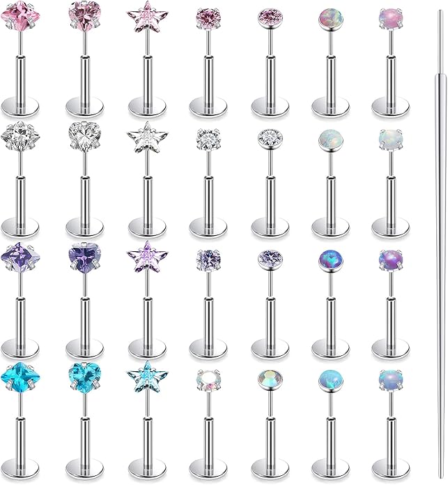20G 18G 16G Threadless Nose Rings Studs Flat Back Earrings Surgical Stainless Steel Opal Nose Rings Stud Tragus Helix Conch Cartilage Earrings Piercing Jewelry For Women Men Hypoallergenic
