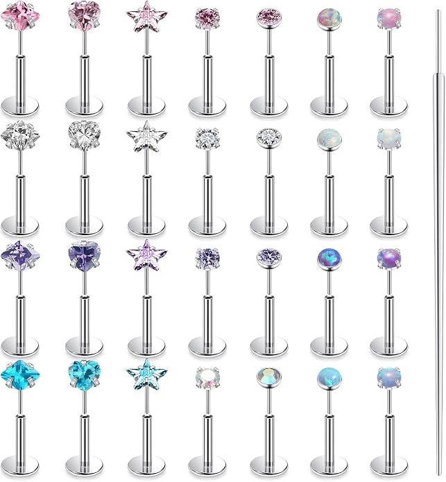 20G 18G 16G Threadless Nose Rings Studs Flat Back Earrings Surgical Stainless Steel Opal Nose Rings Stud Tragus Helix Conch Cartilage Earrings Piercing Jewelry For Women Men Hypoallergenic