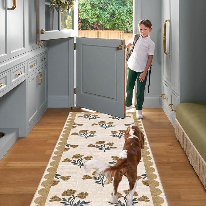 Non Slip Washable Kitchen Runner Rug - 2x8 Long Beige Hallway Runner Rugs Soft Boho Runners for Hallways Vintage Floral Scalloped Runner Rug for Bedroom Entryway Laundry Room Bathroom Foyer