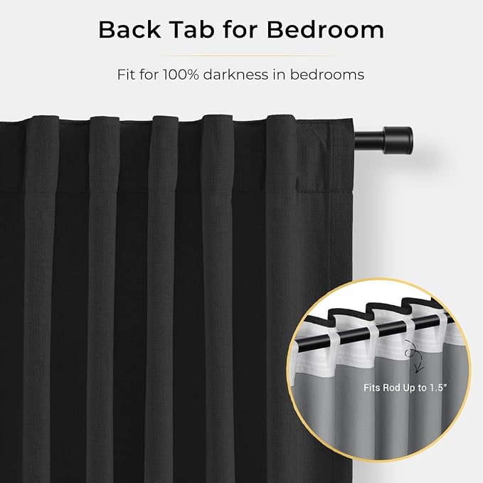 INOVADAY 100% Blackout Curtains for Bedroom, Black Out Curtains 84 Inch Long, Clip Rings Linen Blackout Drapes, Thermal Insulated Room Darkening for Living Room, 2 Panels - Black,W50xL84
