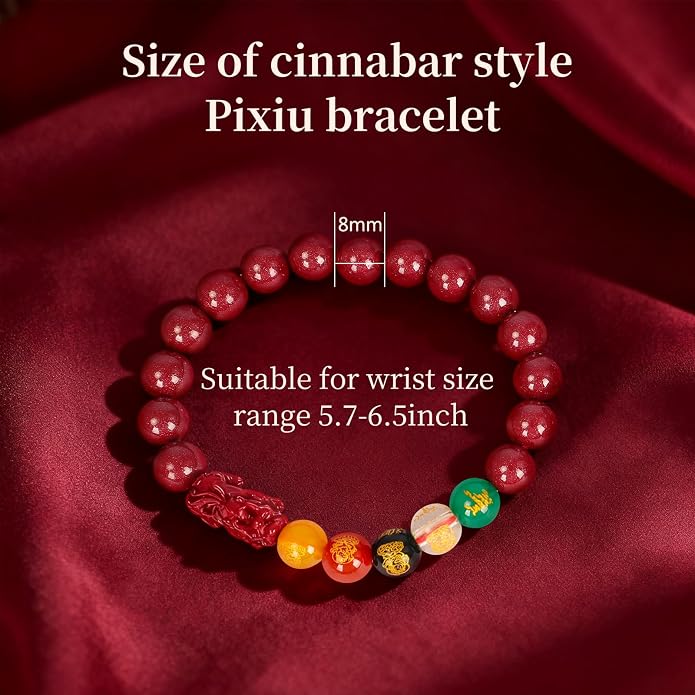 Five Roads Wealth God Cinnabar Pixiu Bracelet - Feng Shui Red String Bracelet for Good Luck & Money Attraction, Fortune Blessing for Men & Women, Adjustable Lucky Charm Bracelet (Classic & Cinnabar Options, 8/10/12mm)