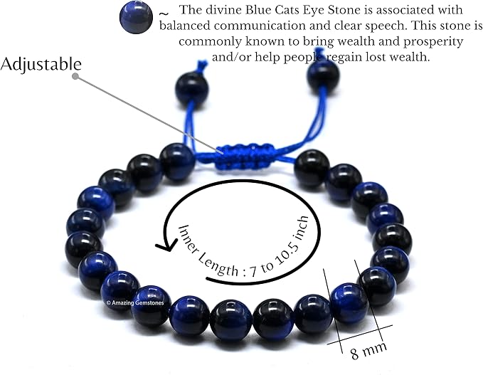 Amazing Gemstone Blue Tiger Eye Star Bracelet for Women Men's Gifts - Protection Healing Crystal Bracelet - 8mm Gemstone Beaded Adjustable Bracelet Pulseras para Hombres Mujer Stocking Stuffers