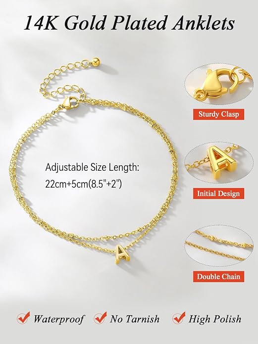 FaithHeart Initial Ankle Bracelets for Women, Waterproof 14k Gold Plated Initial Anklets Non Tarnish Stainless Steel Cute Layered Anklet Summer Beach Jewelry
