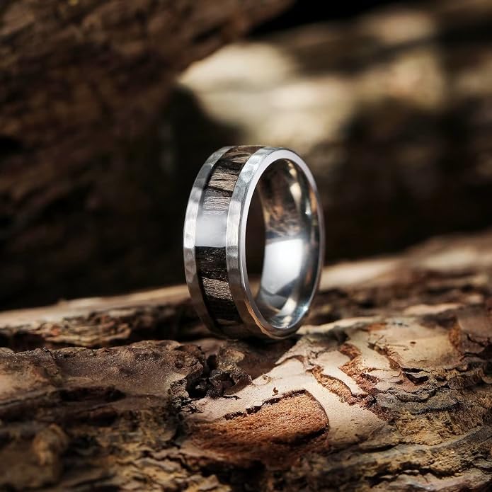 King Will 8mm Silver Hammered Titanium Ring Center Inlaid Wood Wedding Band for Men Hammered Wood Titanium Rings Polish Comfort Fit