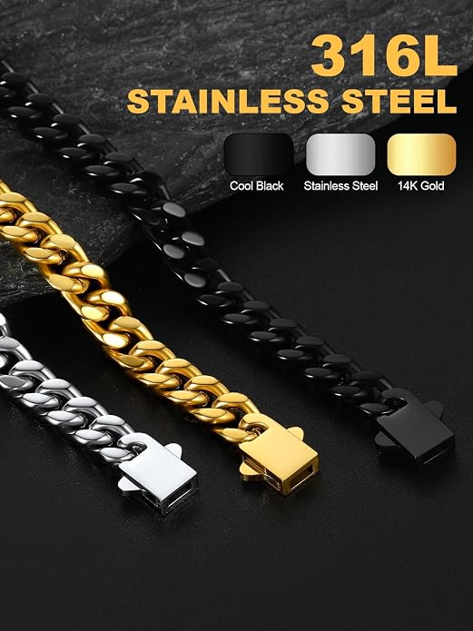 U7 Cuban Link Bracelets for Men Stainless Steel Wrist Bracelet Silver Black Gold Cuban Hand Chain Bracelet for Mens Women, 5/7/9/12mm Width, 7.5/8.3/9 Inch Length Classic Jewelry with Box Packed