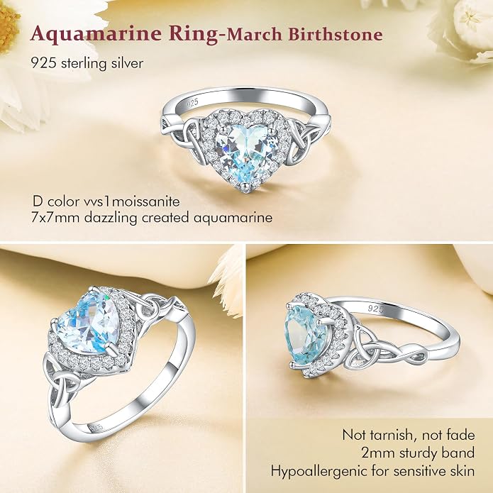 DAYBYDAY Celtic Birthstone Rings for Women 925 Sterling Silver Heart/Round/Pear/Oval Created Gemstone Moissanite Halo Engagement Promise Rings for Her Wife Birthday Anniversary Wedding Jewelry