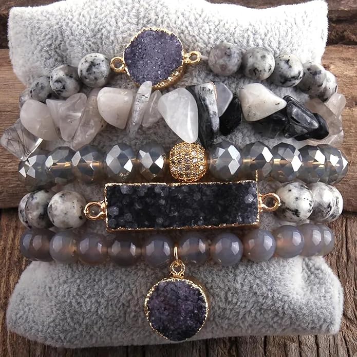 Yomisa 5PCS 6PCS Natural Boho Beaded Bracelets/Bangle for Women Men,Healing Turquoise Jasper Agate Crystal Gemstone Stone Chakra Multilayer Wrap Bohemian Handmade Jewelry Beads Stretch Bracelet Set