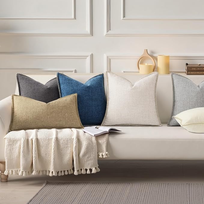 decorUhome Beige Faux Linen Outdoor Throw Pillow Covers 20x20 Set of 2 | Fall Decorative Textured Neutral Modern Farmhouse Pillow Covers with Stitched Edge for Couch Sofa Bed Living Room