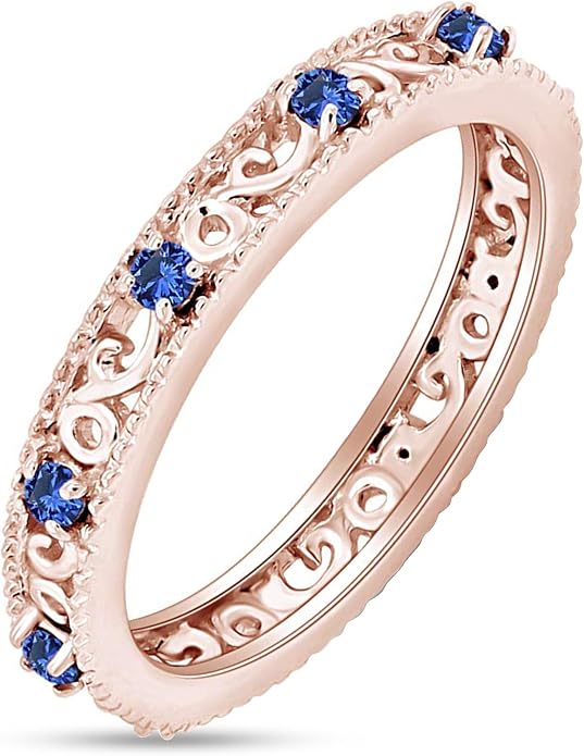 Jewel Zone US Filigree Eternity Wedding Band Ring for Women, Round Cut Simulated Gemstone Stackable Promise Ring in 14K Gold Plated 925 Sterling Silver Band Width 3.5mm – Elegant Jewelry for Her