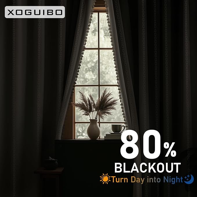 Boho 80% Blackout Curtains with Gray Liner 96 Inches Long 2 Panels Set, Beige Linen Blend Drapes with Tassels and Cotton Embroidered for Living Room Bedroom