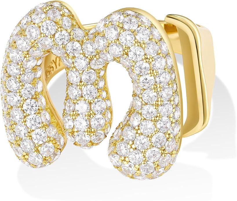 KissYan Bubble Initial Ring for Women, 14K Gold Plate Balloon Jumbo Letter Rings Open Adjustable Dainty Pave CZ Personalized Fashion Jewelry Gift for Mother's Day