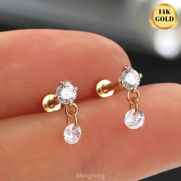 MeIighting 14K Solid Gold Helix Earring Clear CZ, Dangle Internal Thread Flat Back Earring, Teardrop Heart Round Cartilage Tragus Conch Piercing Jewelry for Women 6/8 mm