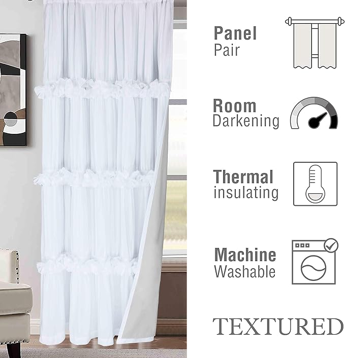Homechoice Decor Thermal Insulated Window Curtains, 54"W x 84"L x 2 Panels | White Boho Ruched Blackout Window Treatments with 3 Rows of Butterfly Flowers, Rustic Rod Pocket Drapes for Room (LQ-30)
