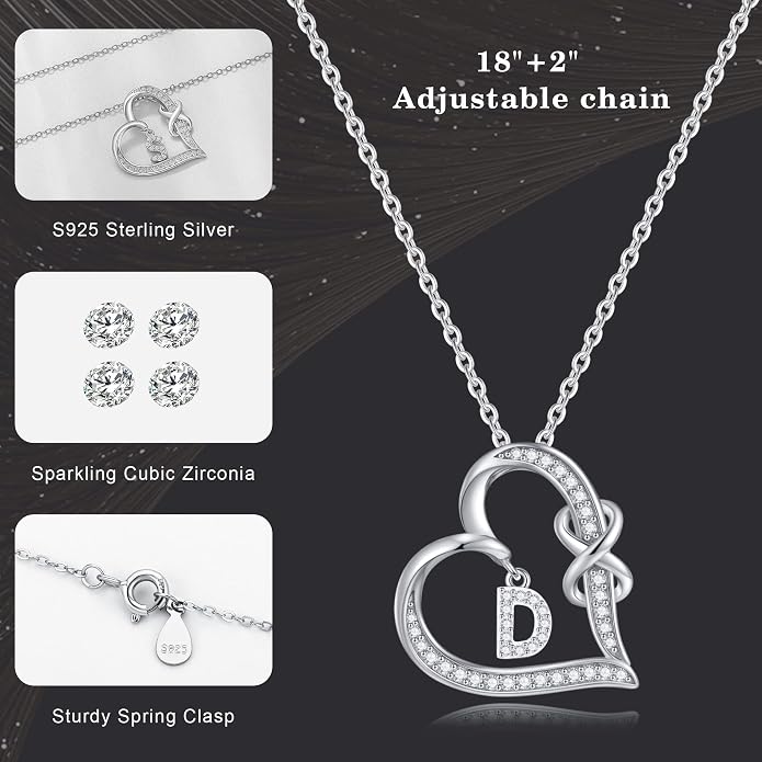 Infinity Heart Necklaces for Women, S925 Sterling Silver Initial Necklace Womens Jewelry Mothers Day Gifts Girls Valentines Gifts for Her Christmas Birthday Gifts for Women Mom Wife Girlfriend