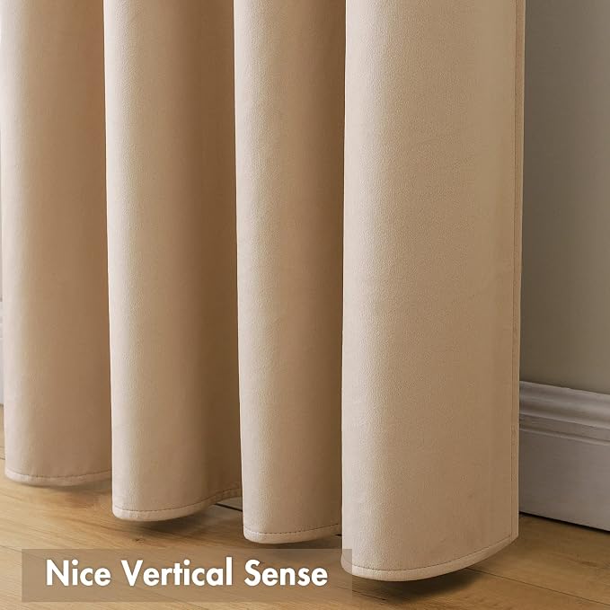 MIULEE Camel Beige Blackout Velvet Curtains Drapes 90 Inch Long 52"x90" | Luxurious Bedroom Living Room Decor, Room Darkening, Thermal Insulated, Rod Pocket Design, Super Soft Fabric