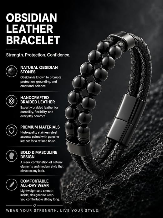 Black Braided Leather Bracelet for Men with Turquoise, Lapis Lazuli, Tiger Eye, Obsidian Stone Double-Row Wristband Beads with Stainless Steel Clasp Fashion Jewelry Gift for Him