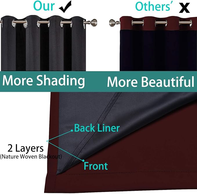 Yakamok Burgundy Red Blackout Curtains 108 Inches Long for Bedroom 52" Wide | Blackout Curtain Panels for Bedroom, 2 Thick Layers Grommet Top Thermal Insulated Drapes with Black Liner for Living Room